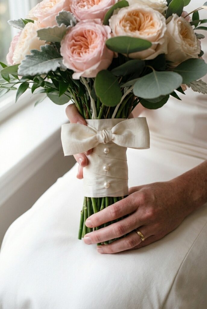 IMAGE 6 HERE Alt text: Close-up of bridal bouquet stems wrapped in wide ivory silk ribbon with a hand-tied knot and pearl-tipped pins at the base Image prompt: Photorealistic close-up of bridal bouquet stems wrapped in wide ivory dupioni silk ribbon, secured neatly with a double-knotted bow at the front and three pearl-tipped corsage pins placed vertically below the knot. The stems below the ribbon are clean and uniform, lightly visible through a gap in the silk. The background is softly blurred — the edge of a white gown visible behind. Soft natural window light from above. No text overlays. Generate in vertical portrait orientation, 2:3 aspect ratio, optimized for mobile display.