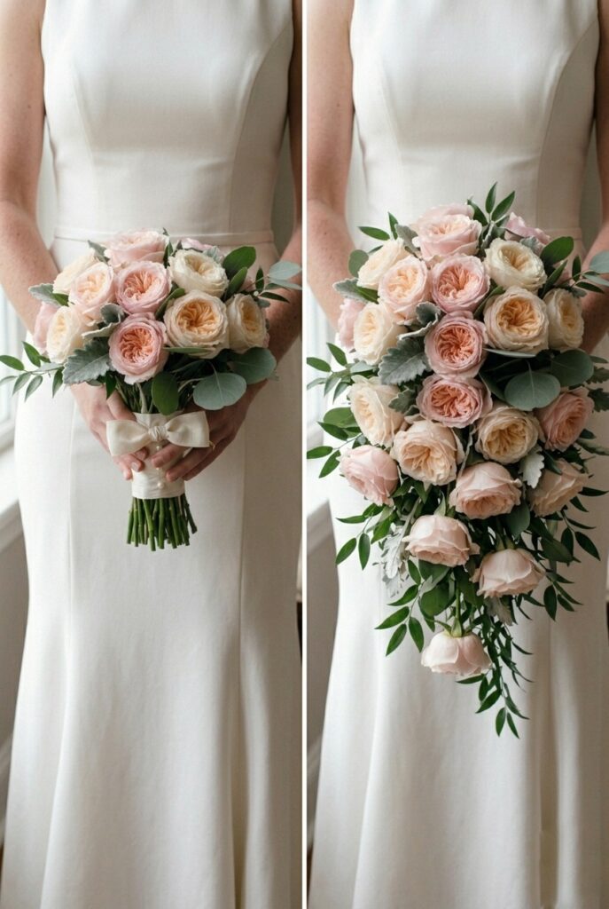 IMAGE 7 HERE Alt text: Two brides holding bouquets of very different sizes, demonstrating how an oversized bouquet obscures the waistline of the gown in photos Image prompt: Photorealistic portrait split into two vertical panels. Left panel: a bride in a fitted white gown holding a well-proportioned medium round bouquet of blush roses at waist height — her dress silhouette is clearly visible. Right panel: the same bride holding an oversized cascading bouquet that obscures the entire waist and bodice of the gown. Soft natural window light on both panels. The comparison is visually obvious. No text overlays. Generate in vertical portrait orientation, 2:3 aspect ratio, optimized for mobile display.