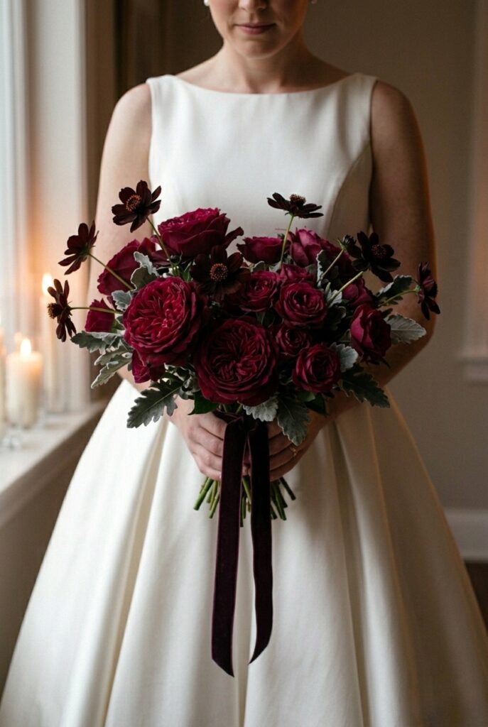 IMAGE 8 HERE Alt text: A moody bridal bouquet with deep burgundy garden roses, marsala spray roses, and dark chocolate cosmos against a white satin gown Image prompt: Photorealistic portrait of a dramatic bridal bouquet featuring deep burgundy Chrysler Imperial roses, marsala spray roses, and dark chocolate-toned cosmos, with a few sprigs of dark dusty miller. The arrangement is a loose, slightly unstructured round bouquet. Stems are wrapped in dark plum velvet ribbon. The bouquet is held against a classic white satin bridal gown, creating strong color contrast. Warm romantic candlelit atmosphere with side lighting emphasizes the deep jewel tones of the florals. No text overlays. Generate in vertical portrait orientation, 2:3 aspect ratio, optimized for mobile display.