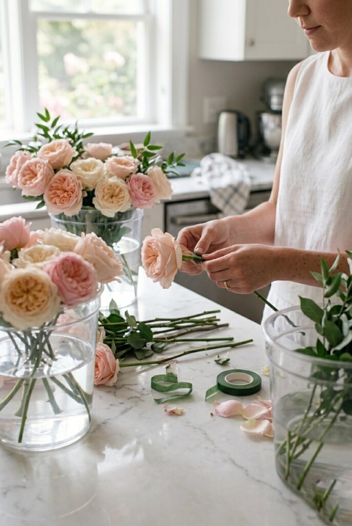 IMAGE 9 HERE Alt text: A bride's hands taping fresh garden rose stems at a kitchen table surrounded by water-filled buckets of flowers the morning before the wedding Image prompt: Photorealistic portrait of a woman's hands arranging fresh garden rose stems on a clean white marble kitchen counter, surrounded by clear water-filled flower buckets. Cut stems and floral tape are visible. The morning scene is bright with soft natural window light streaming through a kitchen window above the counter. The roses are blush and ivory — fully hydrated with petals slightly open. No text overlays. Generate in vertical portrait orientation, 2:3 aspect ratio, optimized for mobile display.