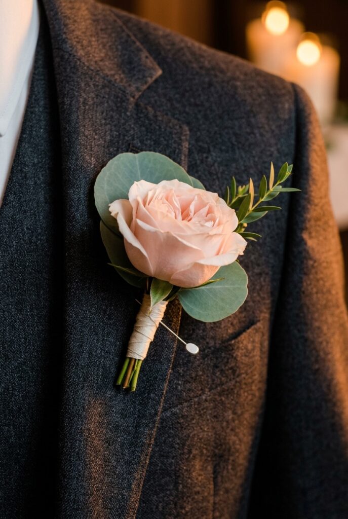 IMAGE 10 HERE Alt text: A groom's boutonniere featuring a single blush garden rose with a sprig of eucalyptus pinned to a charcoal suit lapel Image prompt: Photorealistic portrait of a groom's lapel featuring a single blush garden rose boutonniere with one silver dollar eucalyptus leaf and a short sprig of Italian ruscus, pinned to a charcoal grey wool suit jacket. The detail is centered in the frame. Warm romantic candlelit atmosphere with soft amber side lighting catches the petals. No text overlays. Generate in vertical portrait orientation, 2:3 aspect ratio, optimized for mobile display.