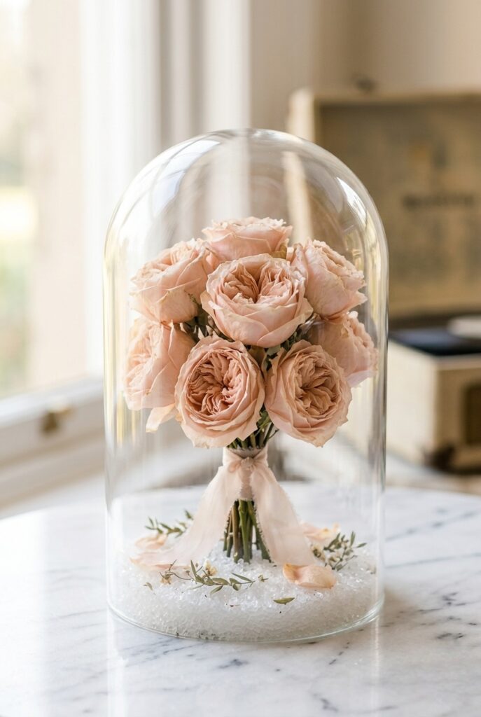 IMAGE 11 HERE Alt text: A preserved bridal bouquet of garden roses displayed in a glass cloche with silica gel crystals visible at the base Image prompt: Photorealistic portrait of a preserved bridal bouquet of blush garden roses displayed inside a clear glass cloche dome on a white marble surface. The roses retain their shape and color, slightly dried but still recognizable. Fine white silica gel crystals are visible at the base of the cloche. Soft natural window light from the left illuminates the preserved petals with slight golden warmth. No text overlays. Generate in vertical portrait orientation, 2:3 aspect ratio, optimized for mobile display.