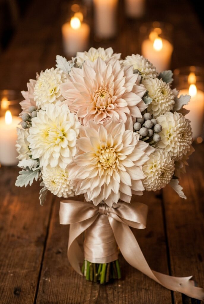 IMAGE 4 HERE Alt text: Dramatic white dahlia bridal shower bouquet with cafe au lait and ivory dinner plate dahlias and minimal greenery Image prompt: Photorealistic portrait of a statement white bridal shower bouquet built entirely from dinner plate dahlias in ivory and cream-white tones. Three large dinner plate dahlia heads form the focal point. Smaller pompom dahlias cluster at the edges. Minimal foliage — just a few stems of white dusty miller and silver brunia. A wide champagne-colored silk ribbon wraps the stems. Warm romantic candlelit atmosphere. No text overlays. Generate in vertical portrait orientation, 2:3 aspect ratio, optimized for mobile display.