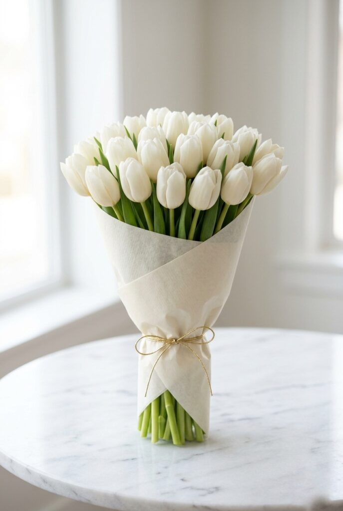 IMAGE 5 HERE Alt text: Simple elegant white tulip hand-tied bridal shower bouquet with ivory parchment paper wrapping and gold twine Image prompt: Photorealistic portrait of a clean, minimal white bridal shower bouquet made of thirty white tulips tightly hand-tied at the stems. The tulips are all at the same stage of bloom — just starting to open. The stems are wrapped in ivory parchment paper folded at a sharp diagonal and secured with a thin gold twine bow. The arrangement rests on a white marble table. Soft natural window light from a large window. No text overlays. Generate in vertical portrait orientation, 2:3 aspect ratio, optimized for mobile display.