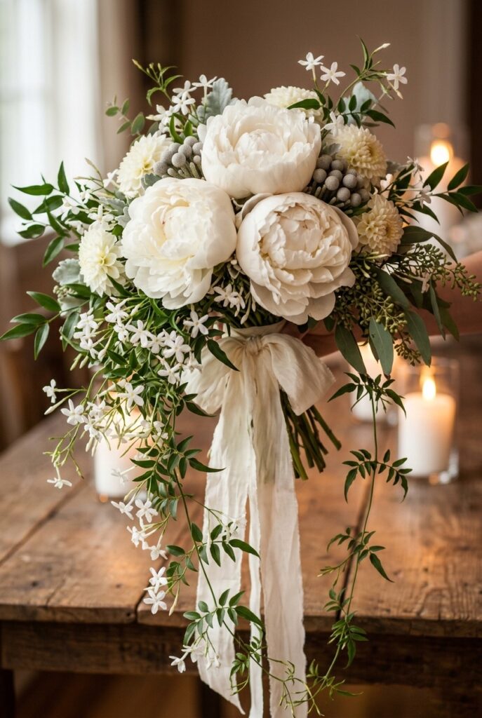 IMAGE 6 HERE Alt text: Romantic loose cascading white bridal shower bouquet with peonies, jasmine vine, and trailing greenery Image prompt: Photorealistic portrait of a loose, flowing white bridal shower bouquet with three large open white peonies as the center, surrounded by trailing jasmine vine stems, eucalyptus branches, and Italian ruscus. The arrangement has a natural, gathered-from-the-garden quality. A wide ivory silk ribbon ties the base loosely, with long ribbon tails hanging below. Soft natural window light from one side. No text overlays. Generate in vertical portrait orientation, 2:3 aspect ratio, optimized for mobile display.