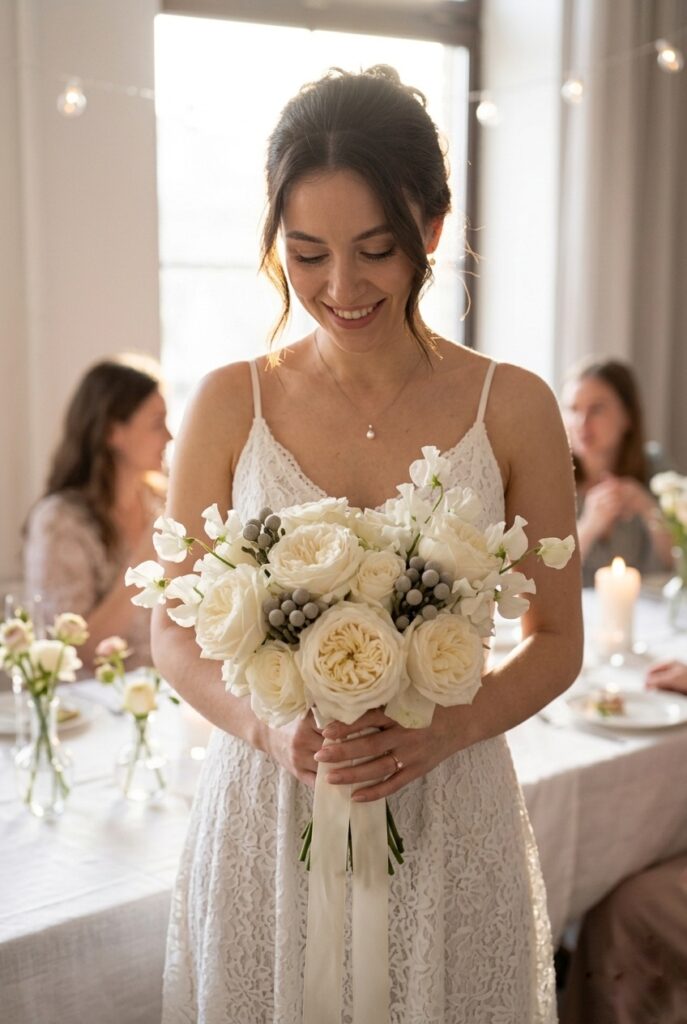IMAGE 8 HERE Alt text: Bridal shower bride holding a preview version of her wedding bouquet in white and ivory garden roses to test on camera Image prompt: Photorealistic portrait of a bride-to-be in a white sundress holding a lush white garden rose bouquet at a bridal shower. The bouquet closely mirrors a wedding bouquet in size and style — round, full, with white garden roses, white sweet peas, and silver brunia. She is looking down at the flowers with a relaxed expression. Natural window light pours in from behind her, creating a soft backlit glow. No text overlays. Generate in vertical portrait orientation, 2:3 aspect ratio, optimized for mobile display.