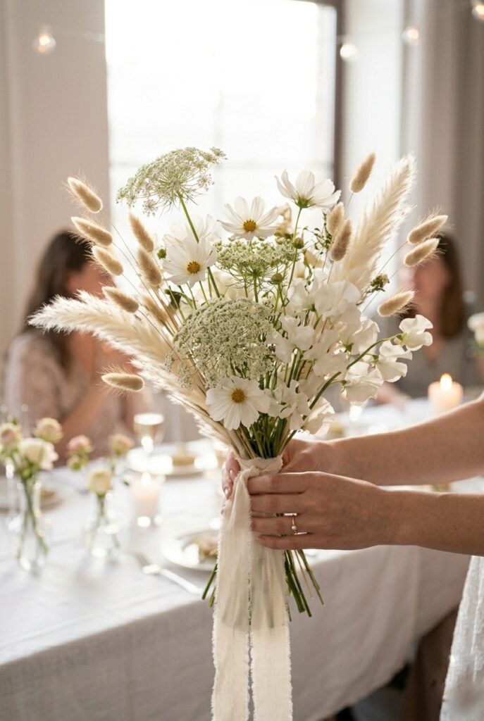 IMAGE 9 HERE Alt text: Boho white bridal shower bouquet with white wildflowers, dried pampas grass, and bunny tail grass stems Image prompt: Photorealistic portrait of a loose, boho white bridal shower bouquet featuring white cosmos, white queen anne's lace, small white sweet peas, dried bunny tail grass, and a few sprigs of dried white pampas grass. The arrangement has a gathered-from-a-meadow aesthetic with imperfect, asymmetrical form. A cream cotton ribbon ties the stems loosely. Soft natural window light from the side. No text overlays. Generate in vertical portrait orientation, 2:3 aspect ratio, optimized for mobile display.