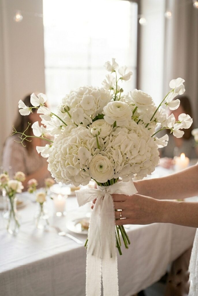 IMAGE 10 HERE Alt text: Lush white hydrangea bridal shower bouquet with ranunculus and white sweet peas wrapped in white linen ribbon Image prompt: Photorealistic portrait of an abundant white bridal shower bouquet built around four large white hydrangea heads as the base. White ranunculus and white sweet pea stems tuck between the hydrangea mounds. A wide white linen ribbon wraps the stems, tied in a loose flat bow. The arrangement is voluminous and cloud-like. Soft natural window light from a sunny afternoon window. No text overlays. Generate in vertical portrait orientation, 2:3 aspect ratio, optimized for mobile display.