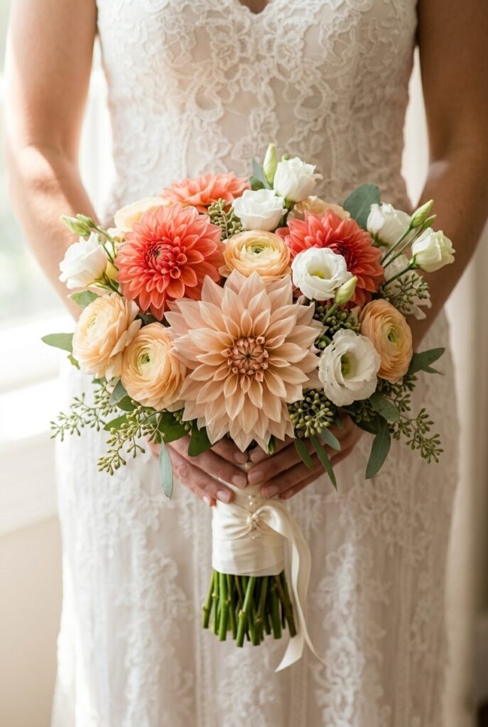 IMAGE 4 HERE Alt text: Dried pampas grass, preserved bunny tail grass, and fresh ranunculus combined in a modern summer bridal bouquet Image prompt: Photorealistic portrait of a modern summer bridal bouquet combining creamy fresh ranunculus with dried pampas grass plumes, dried bunny tail grass, and preserved white strawflowers, all loosely gathered and wrapped with natural twine. Warm soft natural daylight, boho outdoor atmosphere. No text overlays. Generate in vertical portrait orientation, 2:3 aspect ratio, optimized for mobile display.