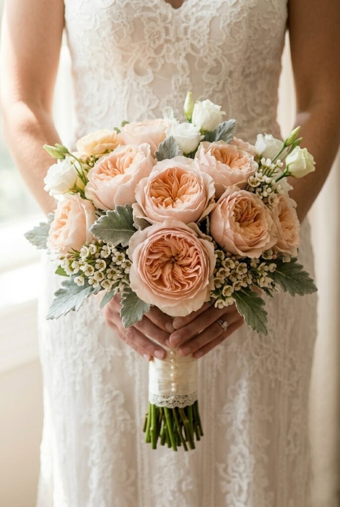 IMAGE 2 HERE Alt text: Antique garden roses in blush and apricot tones forming the center of a summer bridal bouquet Image prompt: Photorealistic close-up of a summer bridal bouquet featuring antique blush and apricot garden roses with soft, many-petaled blooms, surrounded by dusty miller foliage and small white wax flowers. Soft natural window light, airy daytime atmosphere. No text overlays. Generate in vertical portrait orientation, 2:3 aspect ratio, optimized for mobile display.