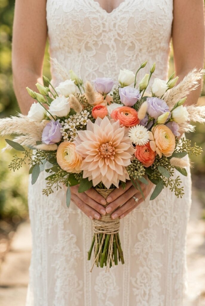 IMAGE 3 HERE Alt text: White and pale purple lisianthus flowers mixed into a summer bridal bouquet with eucalyptus stems Image prompt: Photorealistic portrait of a summer bridal bouquet featuring white and pale lavender lisianthus blooms alongside seeded eucalyptus and small coral ranunculus, bound with a sage green velvet ribbon. Soft natural daylight from a nearby window, clean and airy atmosphere. No text overlays. Generate in vertical portrait orientation, 2:3 aspect ratio, optimized for mobile display.