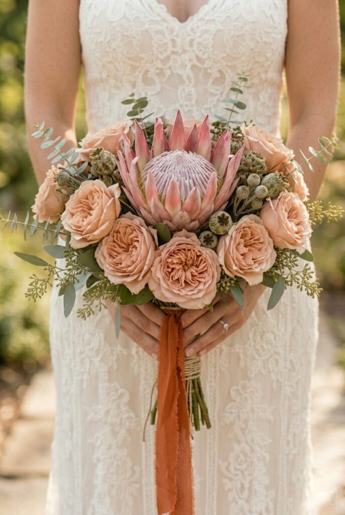 IMAGE 5 HERE Alt text: King protea and garden roses summer bridal bouquet in terra cotta and blush tones Image prompt: Photorealistic portrait of a dramatic summer bridal bouquet featuring a large king protea bloom as the centerpiece, surrounded by dusty peach garden roses, eucalyptus, and seeded pods, wrapped in rust-orange silk ribbon. Warm natural sunlight, outdoor garden atmosphere. No text overlays. Generate in vertical portrait orientation, 2:3 aspect ratio, optimized for mobile display.