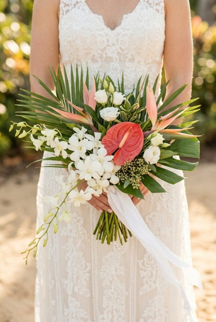 IMAGE 7 HERE Alt text: Tropical bridal bouquet with anthuriums, orchids, and bird of paradise for a beach summer wedding Image prompt: Photorealistic portrait of a tropical summer bridal bouquet featuring white dendrobium orchids, a small red anthurium, tropical foliage, and a single bird of paradise bloom in blush and orange, loosely bound in white silk. Bright natural daylight with warm golden tones, tropical outdoor atmosphere. No text overlays. Generate in vertical portrait orientation, 2:3 aspect ratio, optimized for mobile display.