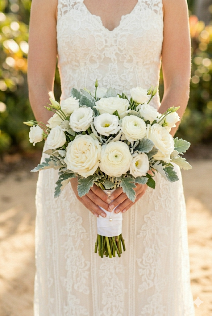 IMAGE 8 HERE Alt text: All-white summer bridal bouquet with white garden roses, white ranunculus, and silver dusty miller Image prompt: Photorealistic portrait of a clean, structured all-white summer bridal bouquet featuring white garden roses, white ranunculus, white lisianthus, and silver-green dusty miller leaves, wrapped in white satin ribbon with a pearl pin detail. Soft natural window light, clean elegant atmosphere. No text overlays. Generate in vertical portrait orientation, 2:3 aspect ratio, optimized for mobile display.