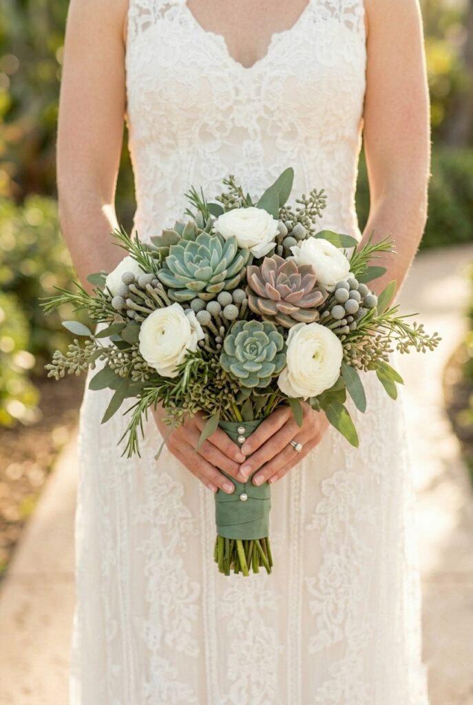 IMAGE 9 HERE Alt text: Minimalist summer bridal bouquet with succulents, eucalyptus, and white ranunculus Image prompt: Photorealistic portrait of a minimalist summer bridal bouquet featuring three varieties of small succulents nestled among seeded eucalyptus, trailing rosemary sprigs, and three white ranunculus blooms, wrapped tightly in dark sage green grosgrain ribbon. Soft natural window light, clean modern atmosphere. No text overlays. Generate in vertical portrait orientation, 2:3 aspect ratio, optimized for mobile display.