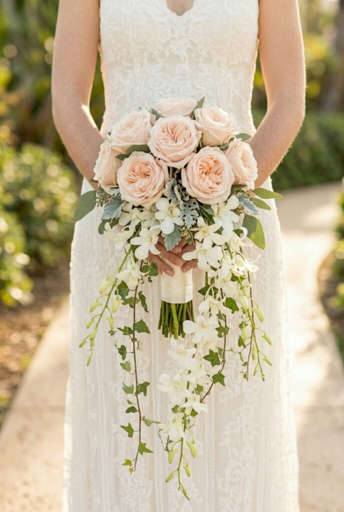 IMAGE 10 HERE Alt text: Elegant cascading summer bridal bouquet with trailing orchids, ivy, and garden roses flowing downward Image prompt: Photorealistic portrait of an elegant cascading summer bridal bouquet featuring blush garden roses at the top, trailing dendrobium orchids and English ivy vines flowing downward, with dusty miller accent leaves, bound in ivory satin. Soft natural light with warm golden undertones, formal yet natural atmosphere. No text overlays. Generate in vertical portrait orientation, 2:3 aspect ratio, optimized for mobile display.