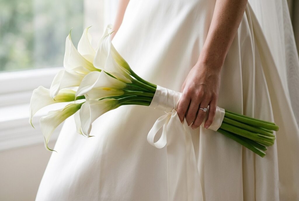 Arm bouquet — eight white callas held diagonally, long stems visible