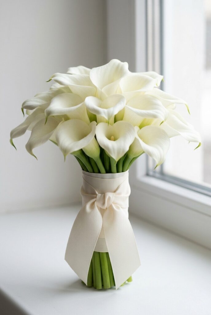 Compact round mini calla bouquet, short stems, grosgrain ribbon