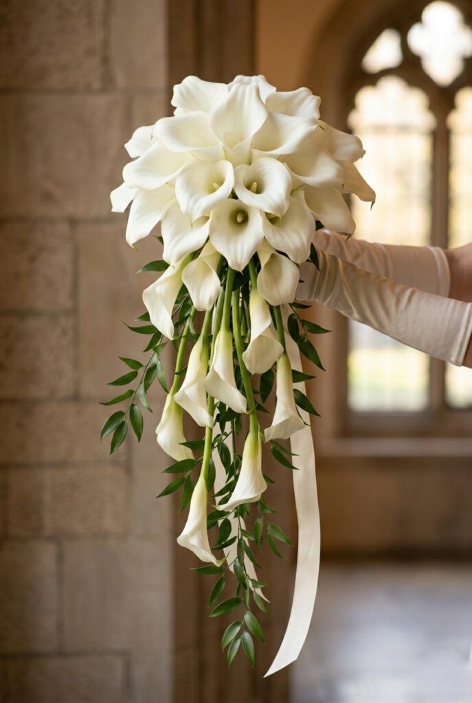 Cascading standard calla bouquet, trailing stems, ruscus accent