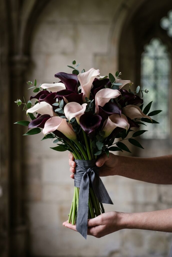 Aubergine and blush calla mix, grey ribbon wrap