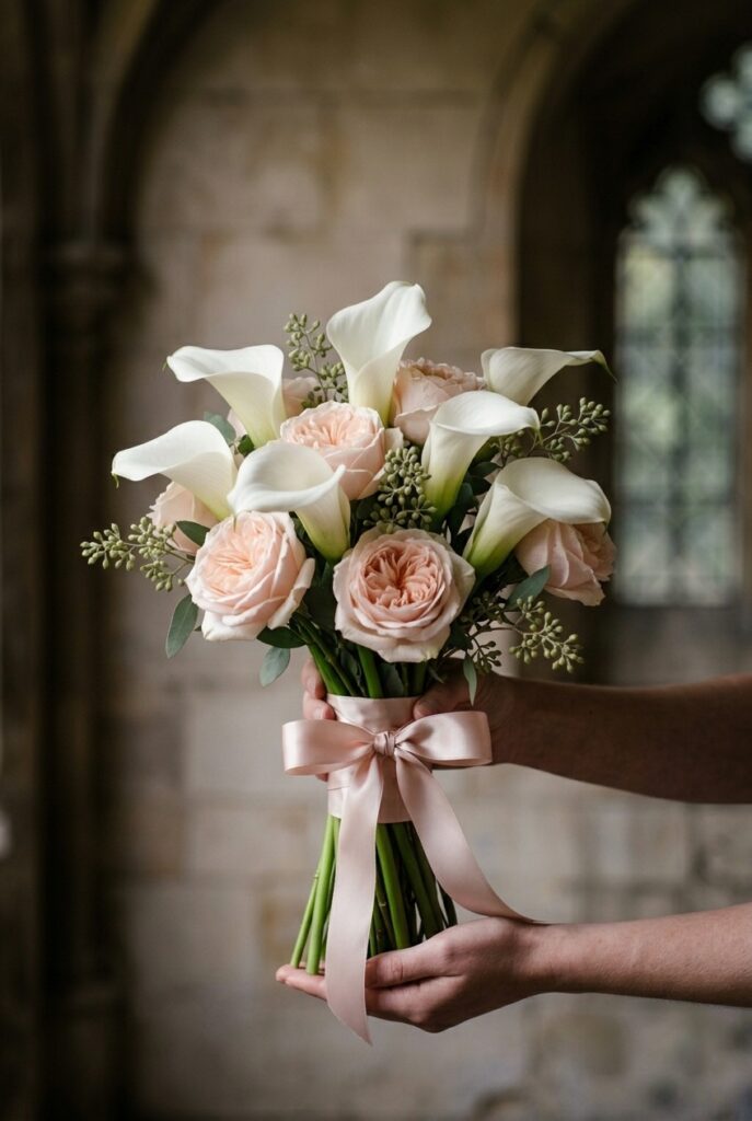 White calla lilies and blush garden roses mixed bridal bouquet with eucalyptus accent