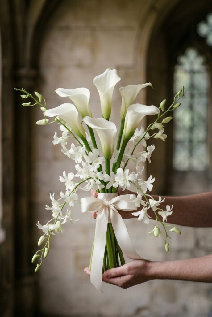 White calla lily and white dendrobium orchid bridal bouquet for a modern elegant wedding