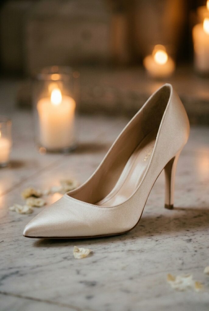 IMAGE 1 HERE Alt text: Close-up of an elegant slim ivory pointed-toe bridal pump with a 3.5-inch stiletto heel on a white marble surface, warm candlelit lighting Image prompt: Photorealistic close-up portrait of a single elegant ivory silk pointed-toe bridal pump with a slender stiletto heel approximately 3.5 inches tall, standing on a polished white marble surface. The toe is narrow and slightly elongated. Soft warm candlelight illuminates the shoe from the left side, creating a gentle shadow and showing the texture of the silk upper. Background is blurred marble and warm ambient light. No text overlays. Generate in vertical portrait orientation, 2:3 aspect ratio, optimized for mobile display.