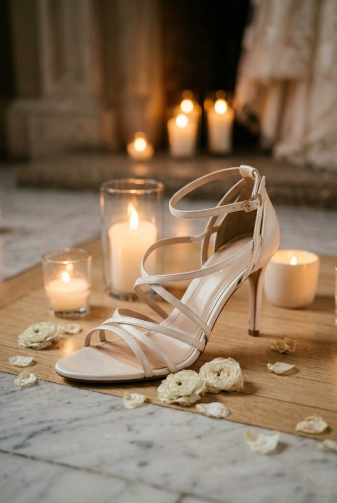IMAGE 2 HERE Alt text: Elegant ivory barely-there strappy bridal sandal with thin ankle strap and stiletto heel on a wooden venue floor, warm ambient light Image prompt: Photorealistic close-up portrait of a delicate ivory barely-there strappy bridal sandal, featuring thin vamp straps and a slim ankle strap with a small buckle, on a stiletto heel. The sandal is placed on a light wood flooring surface. Warm soft ambient lighting creates a romantic atmosphere, illuminating the thin straps and showing fine texture. Background is softly blurred wooden reception hall floor. No text overlays. Generate in vertical portrait orientation, 2:3 aspect ratio, optimized for mobile display.