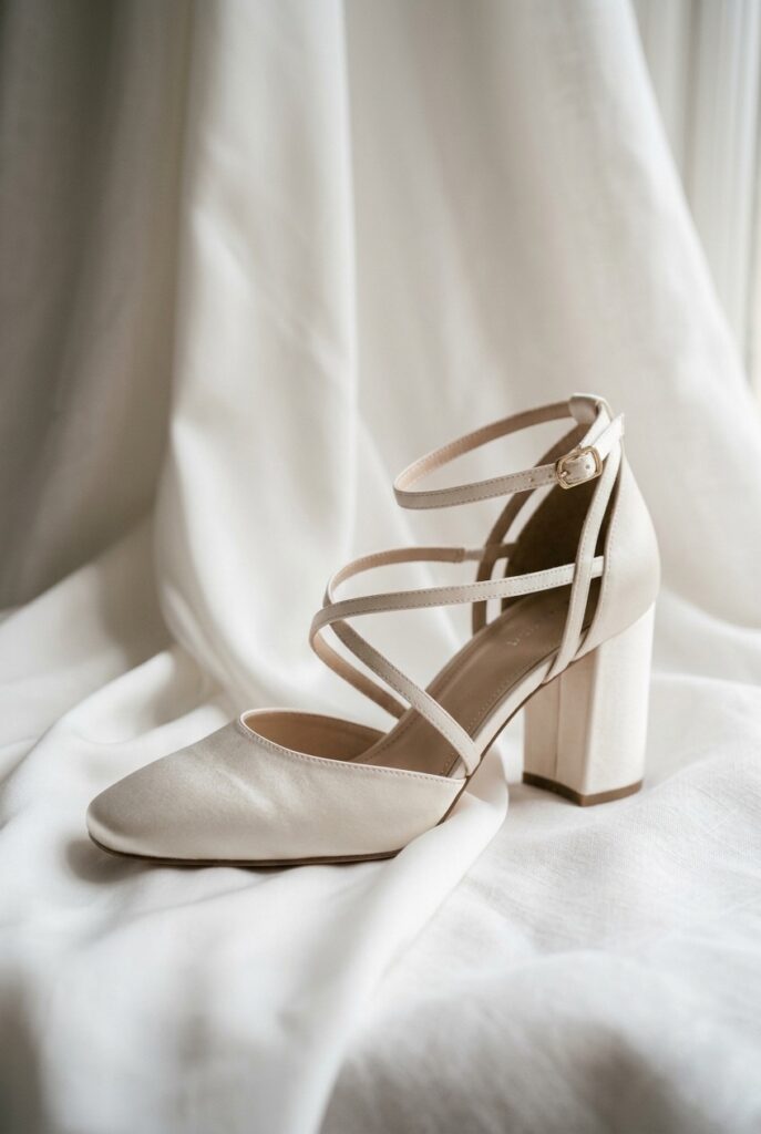 IMAGE 3 HERE Alt text: Elegant ivory satin block heel bridal shoe with square toe photographed against soft white fabric, soft natural window light Image prompt: Photorealistic close-up portrait of an elegant ivory satin block heel bridal shoe with a slightly squared toe, placed against soft draped white silk fabric. The heel is approximately 2.5 inches, broad and stable. Soft natural window light illuminates the satin surface from the right, catching the subtle sheen of the fabric. Background is clean and minimal with soft draped white textile. No text overlays. Generate in vertical portrait orientation, 2:3 aspect ratio, optimized for mobile display.