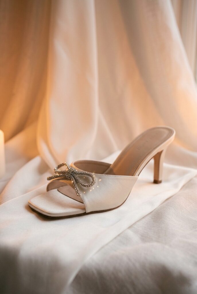 IMAGE 4 HERE Alt text: Elegant ivory embellished bridal mule with crystal bow detail on a silky white runner, warm romantic candlelit setting Image prompt: Photorealistic close-up portrait of an elegant ivory satin bridal mule with a square toe and a delicate crystal bow embellishment at the toe band, placed on a white silk runner. The heel is a slim 3-inch block. Warm romantic candlelight creates a golden glow around the shoe, the crystals catching tiny flecks of light. Background is softly blurred pale fabric. No text overlays. Generate in vertical portrait orientation, 2:3 aspect ratio, optimized for mobile display.