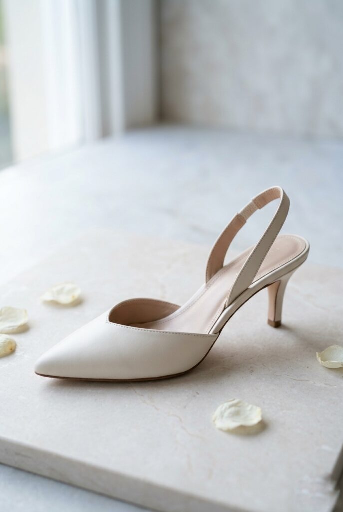 IMAGE 5 HERE Alt text: Delicate ivory kitten heel slingback bridal shoe with slim strap photographed on a pale stone surface, soft natural window light Image prompt: Photorealistic close-up portrait of a delicate ivory leather kitten heel slingback bridal shoe, featuring a slim elasticated back strap and a pointed toe. The heel is approximately 1.5 to 2 inches. Placed on a pale smooth stone surface in soft natural daylight from a nearby window. Light is clean and airy. Background is clean and minimally textured pale stone. No text overlays. Generate in vertical portrait orientation, 2:3 aspect ratio, optimized for mobile display.