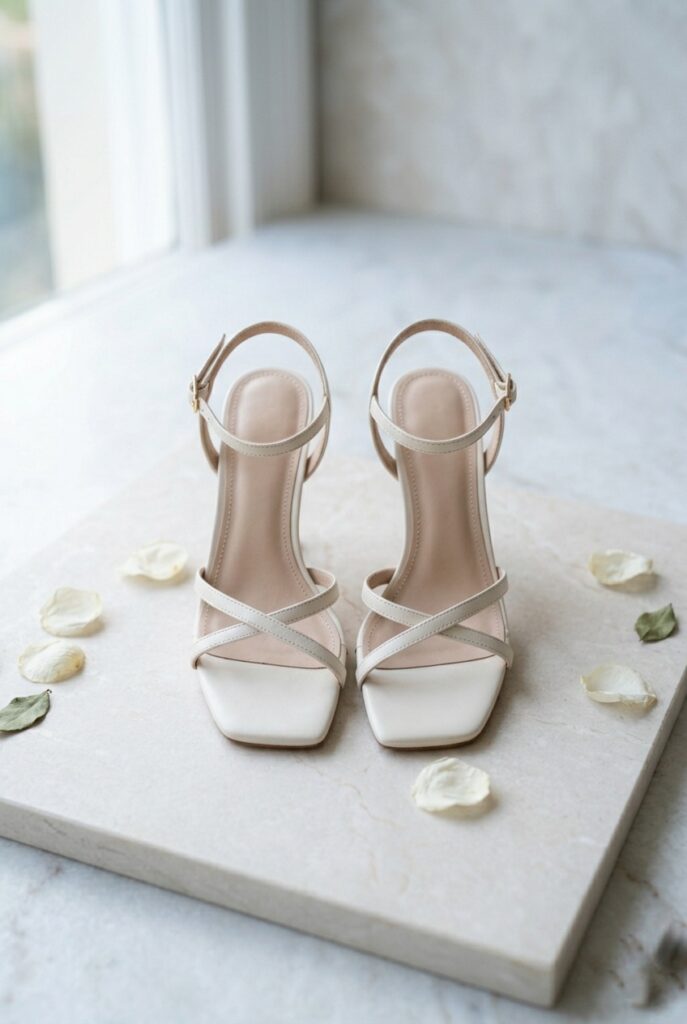 IMAGE 6 HERE Alt text: Modern square-toe ivory strappy bridal heel photographed flat on light marble, contemporary minimal aesthetic, soft window light Image prompt: Photorealistic close-up portrait of a contemporary square-toe ivory bridal heel with two thin crossed straps at the vamp and a slim ankle strap, placed flat on cool light marble. Heel height approximately 3 inches. Soft natural window light illuminates the shoe from above, keeping the aesthetic clean and modern. Background is clean pale marble with subtle veining. No text overlays. Generate in vertical portrait orientation, 2:3 aspect ratio, optimized for mobile display.