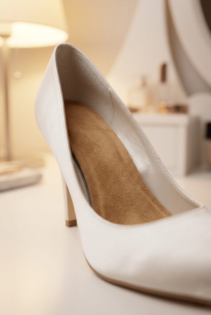 IMAGE 7 HERE Alt text: Close-up of a bridal heel insole being fitted with a cushioned suede leather insert, warm light on a white dressing table Image prompt: Photorealistic close-up portrait of a white satin bridal heel with the shoe tilted to show its interior insole, with a thin tan suede leather cushioned insert being gently pressed inside. Shot on a white vanity or dressing table surface. Warm soft ambient lighting from a side lamp creates a gentle glow. The texture of the suede insert and satin lining are both visible in detail. Background is softly blurred white dressing table surface. No text overlays. Generate in vertical portrait orientation, 2:3 aspect ratio, optimized for mobile display.