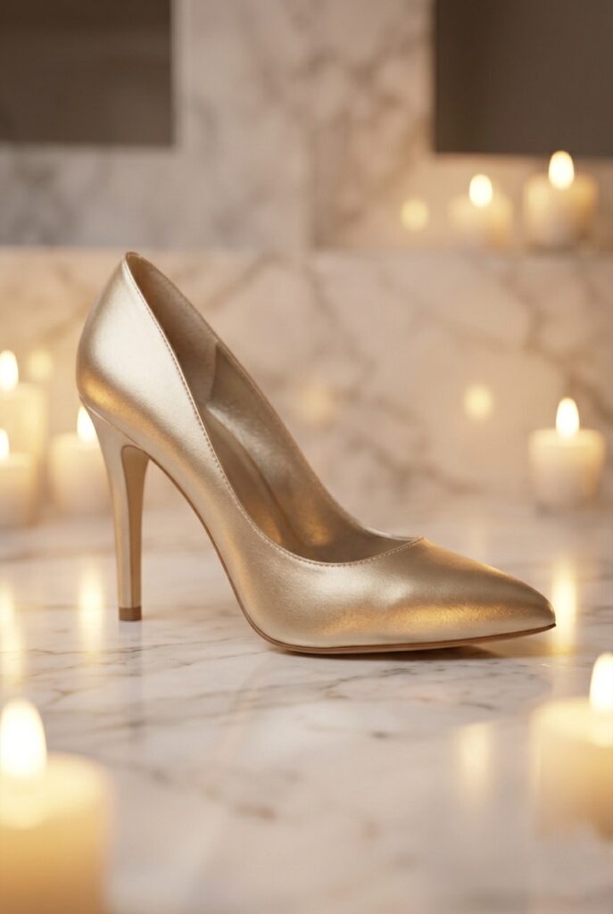 IMAGE 8 HERE Alt text: Elegant champagne gold satin bridal heel with pointed toe and slim stiletto photographed on a white marble surface, warm candlelit glow Image prompt: Photorealistic close-up portrait of an elegant champagne gold satin pointed-toe bridal heel with a slender stiletto, standing on white polished marble. The metallic satin catches warm candlelight and creates a soft golden reflection on the marble surface beneath. Background is blurred marble and warm ambient light. The shoe has no embellishment — its elegance comes entirely from the metallic satin material and clean silhouette. No text overlays. Generate in vertical portrait orientation, 2:3 aspect ratio, optimized for mobile display.