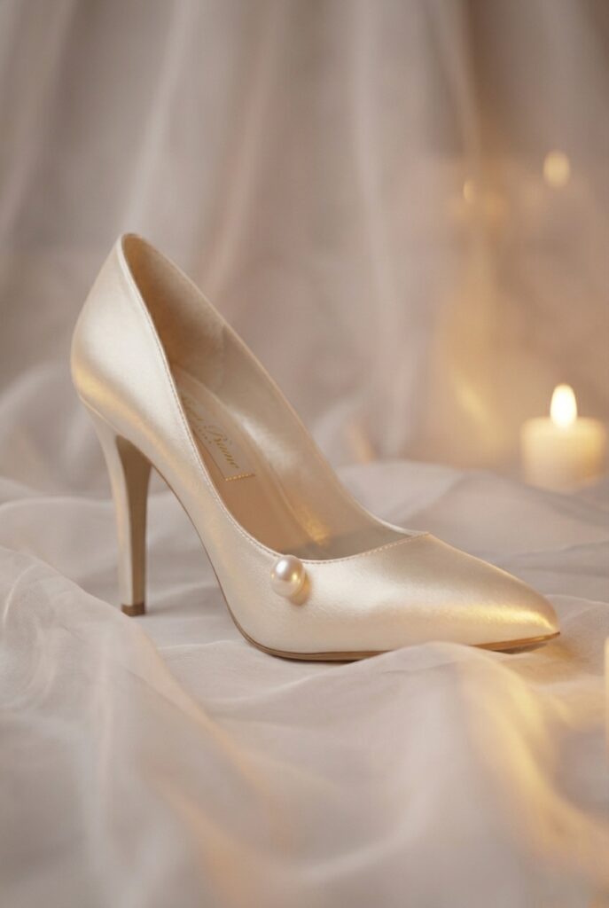IMAGE 9 HERE Alt text: Ivory bridal pump with single elongated pearl detail at heel counter photographed on soft white fabric, romantic warm candlelight Image prompt: Photorealistic close-up portrait of an elegant ivory satin bridal pump featuring a single slightly oblong pearl detail affixed at the heel counter, placed on draped soft white organza fabric. Warm romantic candlelight illuminates the pearl from the side, showing its natural imperfect sheen. The heel is a slender 3-inch stiletto. Background is softly blurred pale organza. No text overlays. Generate in vertical portrait orientation, 2:3 aspect ratio, optimized for mobile display.