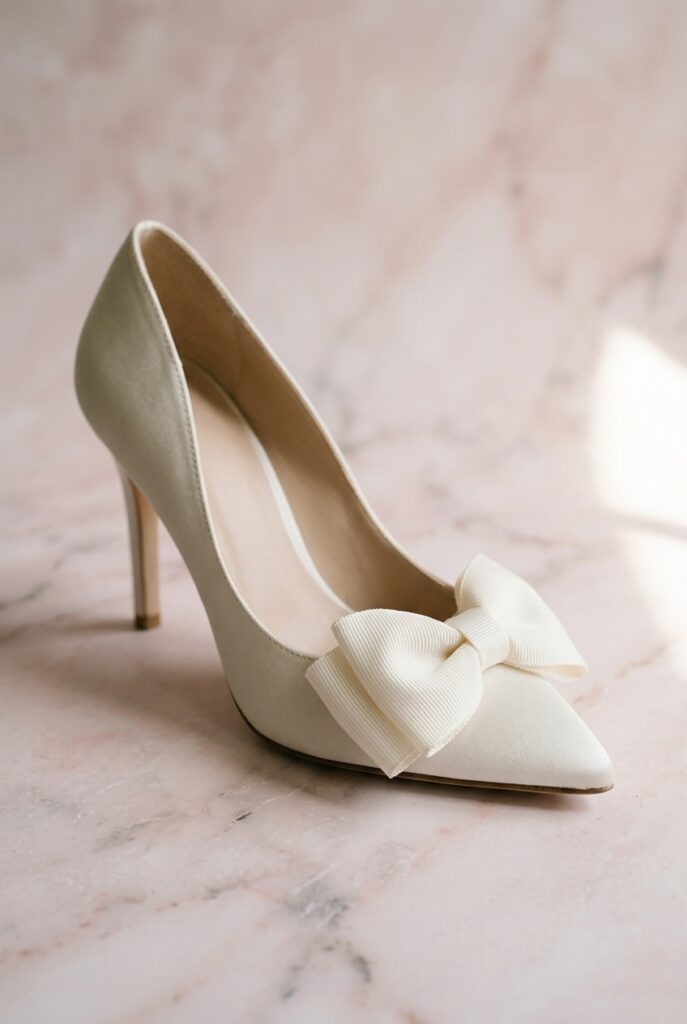 IMAGE 1 HERE Alt text: Ivory grosgrain bow bridal pump with pointed toe and slim heel on a pale pink marble surface, soft romantic window light Image prompt: Photorealistic close-up portrait of an elegant ivory grosgrain bow bridal pump with a large stiff bow tied at the vamp, pointed toe, and a slim 3-inch heel. Placed on a pale blush-pink marble surface. Soft natural window light from the right creates a clean romantic atmosphere. The grosgrain texture of the bow is clearly visible with its characteristic ribbed weave. Background is softly blurred pink marble. No text overlays. Generate in vertical portrait orientation, 2:3 aspect ratio, optimized for mobile display.