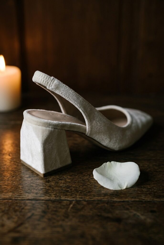 IMAGE 3 HERE Alt text: Deep ivory velvet kitten heel slingback bridal shoe on a dark wood surface with a single white garden rose petal beside it, moody warm candlelight Image prompt: Photorealistic close-up portrait of a rich ivory velvet kitten heel slingback bridal shoe with a slim elasticated back strap, placed on a dark aged wood surface. A single white garden rose petal rests beside the shoe. The lighting is moody and warm — a single candle source from the left creates dramatic shadows across the velvet texture, making the nap of the fabric visible. Background is softly blurred dark timber. No text overlays. Generate in vertical portrait orientation, 2:3 aspect ratio, optimized for mobile display.
