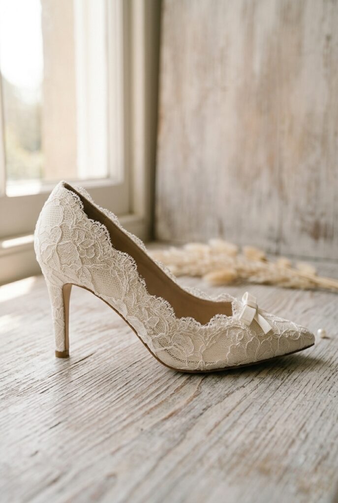 IMAGE 5 HERE Alt text: Ivory satin bridal heel with pearl-encrusted ankle strap on a soft white tulle fabric, warm romantic candlelight Image prompt: Photorealistic close-up portrait of an ivory satin bridal pump with a delicate ankle strap entirely encrusted with small seed pearls, buckled at the side. Placed on soft draped white tulle fabric. Warm romantic candlelight from the right illuminates the pearls, creating small points of reflected light across each one. The pearls are small, densely set, and slightly varied in size suggesting natural pearls rather than uniform plastic. Background is softly blurred white tulle. No text overlays. Generate in vertical portrait orientation, 2:3 aspect ratio, optimized for mobile display.