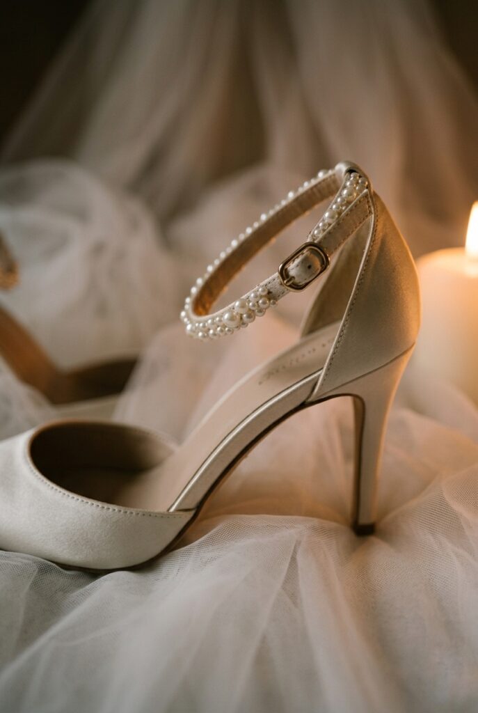 IMAGE 4 HERE Alt text: Ivory lace overlay bridal pump with scalloped toe edge on a weathered pale wood surface, soft warm natural light Image prompt: Photorealistic close-up portrait of an ivory lace-overlay bridal pump with a slim heel, the lace fabric covering the entire upper and finishing in a delicate scalloped edge at the toe. The shoe is placed on weathered pale wood with visible grain. Soft warm natural light from a nearby window illuminates the lace detail, showing the floral pattern of the lace overlay clearly. Background is blurred pale weathered wood. No text overlays. Generate in vertical portrait orientation, 2:3 aspect ratio, optimized for mobile display.
