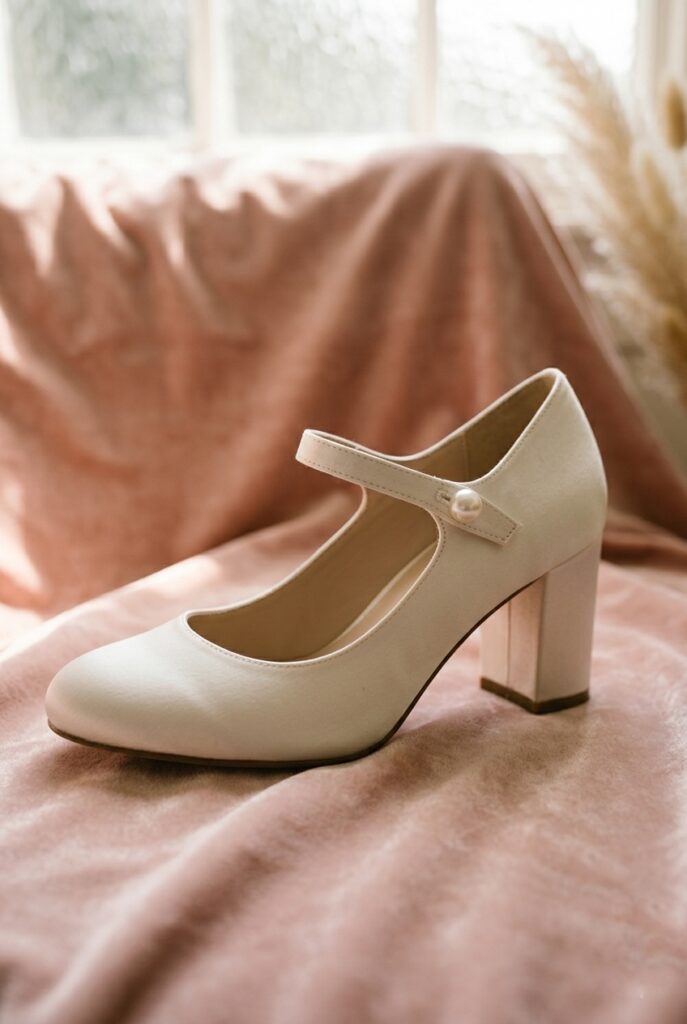 Ivory satin Mary Jane bridal heel with center bar strap and rounded toe on a pale pink velvet surface, soft warm window light Image prompt: Photorealistic close-up portrait of an ivory satin Mary Jane bridal heel with a single center bar strap with a small pearl button closure, rounded toe, and a 2.5-inch block heel. Placed on a pale blush pink velvet fabric surface. Soft warm natural window light from above illuminates the satin and the pearl button detail. Background is softly blurred pink velvet. No text overlays. Generate in vertical portrait orientation, 2:3 aspect ratio, optimized for mobile display.