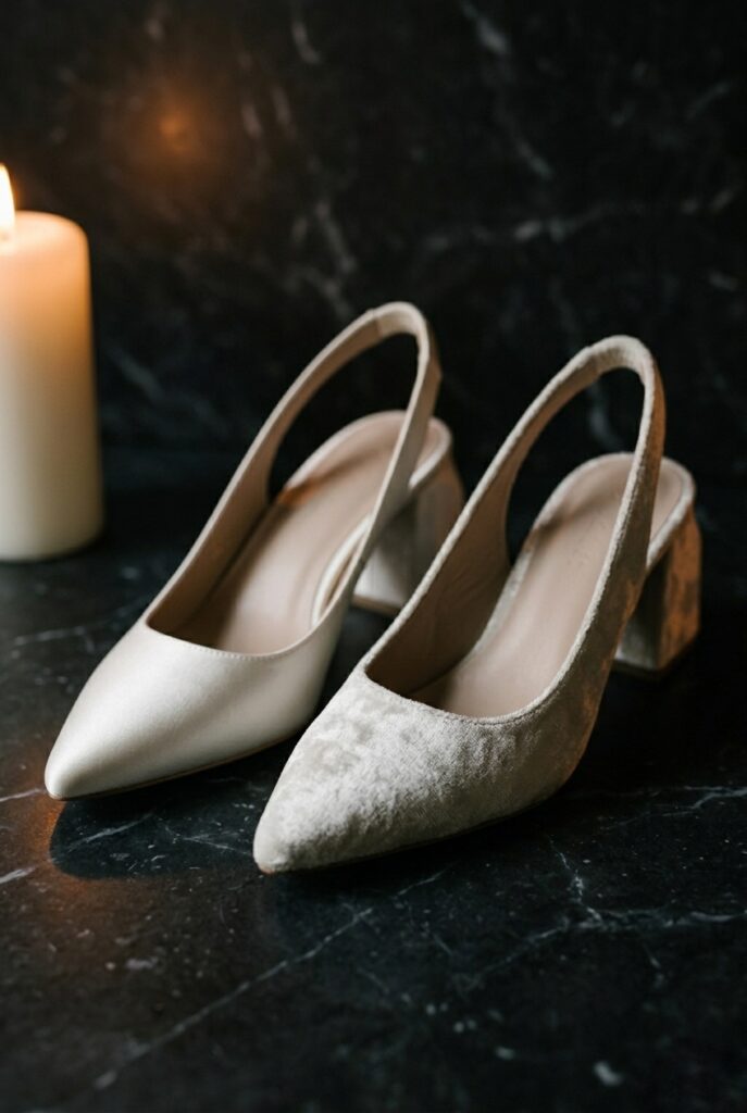 IMAGE 8 HERE Alt text: Side-by-side close-up of identical heel silhouettes — one in ivory satin, one in ivory velvet — showing the contrast in material mood on a dark surface with dramatic candlelight Image prompt: Photorealistic close-up portrait showing two identical pointed-toe bridal pumps of the same silhouette placed side by side — the left shoe in ivory satin with a flat sheen, the right shoe in ivory velvet with a textured nap visible. Both placed on a deep charcoal marble surface. Dramatic single-source candlelight from the left illuminates both shoes, showing the sheen of the satin on the left and the shadow-catching depth of the velvet on the right. Background is blurred dark marble. No text overlays. Generate in vertical portrait orientation, 2:3 aspect ratio, optimized for mobile display.