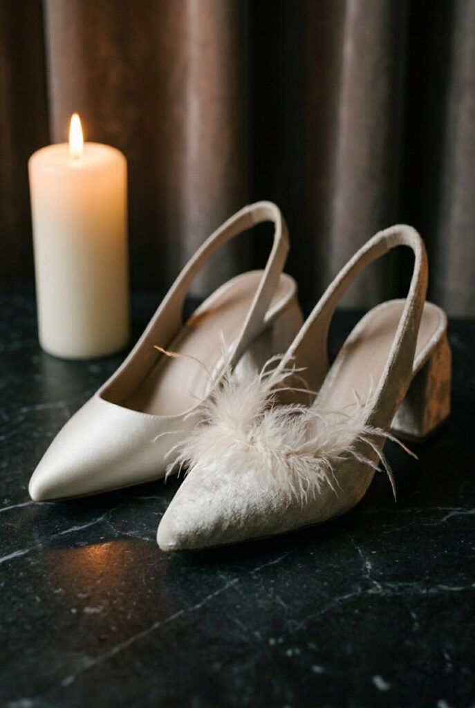 IMAGE 9 HERE Alt text: Ivory bridal heel with white feather trim at ankle on a white faux fur surface, warm golden candlelight glow Image prompt: Photorealistic close-up portrait of an ivory satin bridal pointed-toe heel with a delicate white ostrich feather trim at the vamp or ankle strap, resting on a soft white faux fur surface. Warm golden candlelight from the upper right creates a romantic, slightly opulent atmosphere. The feathers are soft and fluffy, a few wisps catching the warm light. Background is softly blurred white fur texture. No text overlays. Generate in vertical portrait orientation, 2:3 aspect ratio, optimized for mobile display.