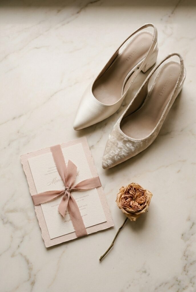 IMAGE 10 HERE Alt text: Bridal shoes in soft blush champagne displayed beside a matching blush wedding invitation suite and small dried garden rose on a marble surface, warm daylight Image prompt: Photorealistic close-up portrait styled flat lay of a pair of soft champagne blush satin pointed-toe bridal heels placed beside a small stack of blush and cream wedding invitations tied with a narrow dusty rose silk ribbon, and a single dried garden rose. All arranged on a pale warm ivory marble surface. Soft natural window light from above creates a warm, cohesive color story across all elements. Background is blurred marble. No text overlays. Generate in vertical portrait orientation, 2:3 aspect ratio, optimized for mobile display.