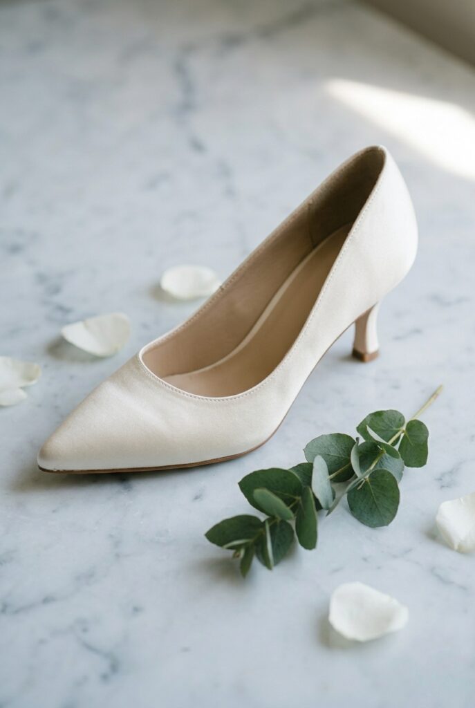 IMAGE 1 HERE Alt text: Ivory satin pointed-toe kitten heel bridal pump with slim 1.75-inch heel on a pale marble surface, soft natural morning window light Image prompt: Photorealistic close-up portrait of an ivory satin pointed-toe bridal kitten heel pump with a slim 1.75-inch curved heel, placed on smooth pale cool marble. The toe is elegantly pointed and the silhouette is clean with no embellishment. Soft natural morning window light from the right illuminates the satin sheen. Background is softly blurred pale marble with subtle grey veining. No text overlays. Generate in vertical portrait orientation, 2:3 aspect ratio, optimized for mobile display.