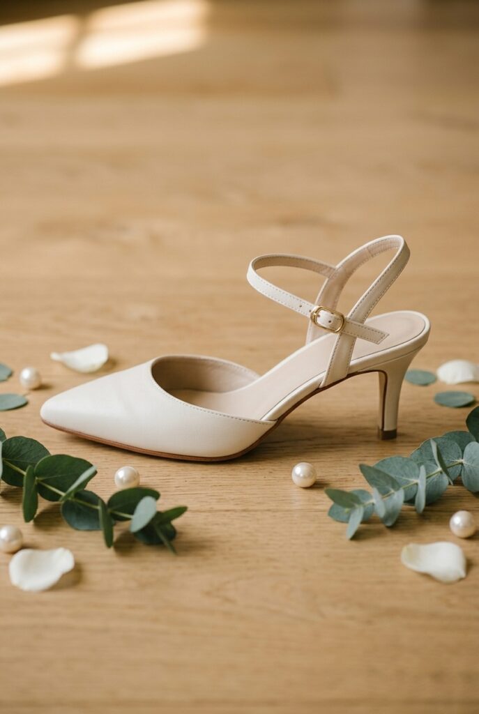 IMAGE 2 HERE Alt text: Ivory leather low heel slingback bridal shoe with delicate ankle strap and pointed toe on a light oak wood floor, warm soft ambient light Image prompt: Photorealistic close-up portrait of an ivory full-grain leather low slingback bridal shoe with a slim ankle strap fastened with a small gold buckle, pointed toe, and a 2-inch slim heel. Placed on smooth light oak wood flooring. Warm soft ambient light from above creates a clean, polished atmosphere. The leather texture is visible on the upper and strap. Background is softly blurred oak floor. No text overlays. Generate in vertical portrait orientation, 2:3 aspect ratio, optimized for mobile display.