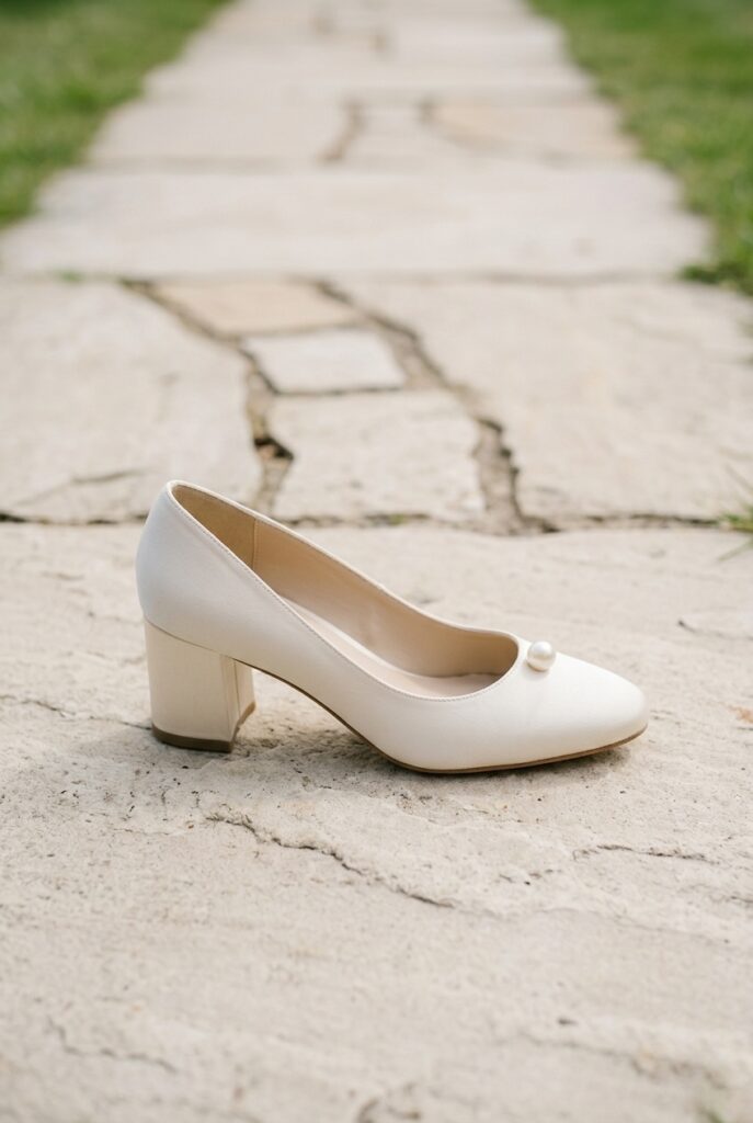 IMAGE 3 HERE Alt text: Ivory satin low block heel bridal shoe with 2.5-inch stable heel on a pale stone garden path, soft outdoor natural daylight Image prompt: Photorealistic close-up portrait of an ivory satin low block heel bridal pump with a 2.5-inch stable squared-off heel and a pointed toe, placed on a pale flat stone garden path with small gaps between stones. Soft outdoor natural daylight from above illuminates the satin. The stone texture is clearly visible around the shoe. Background is softly blurred garden path and grass edges. No text overlays. Generate in vertical portrait orientation, 2:3 aspect ratio, optimized for mobile display.