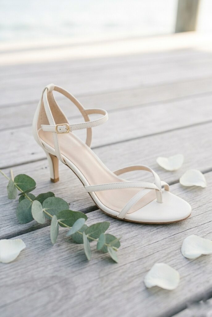 IMAGE 4 HERE Alt text: Ivory barely-there strappy low heel bridal sandal with 2-inch heel on a light wooden dock surface with soft ocean light in background, outdoor natural daylight Image prompt: Photorealistic close-up portrait of a delicate ivory barely-there strappy low heel bridal sandal with thin vamp straps, small toe-post, and slim ankle strap on a 2-inch heel, placed on smooth bleached wood decking. Soft bright outdoor natural daylight from above creates a clean, airy atmosphere. The thin leather straps are clearly visible and hold their shape. Background is softly blurred pale wood deck with hints of natural light. No text overlays. Generate in vertical portrait orientation, 2:3 aspect ratio, optimized for mobile display.