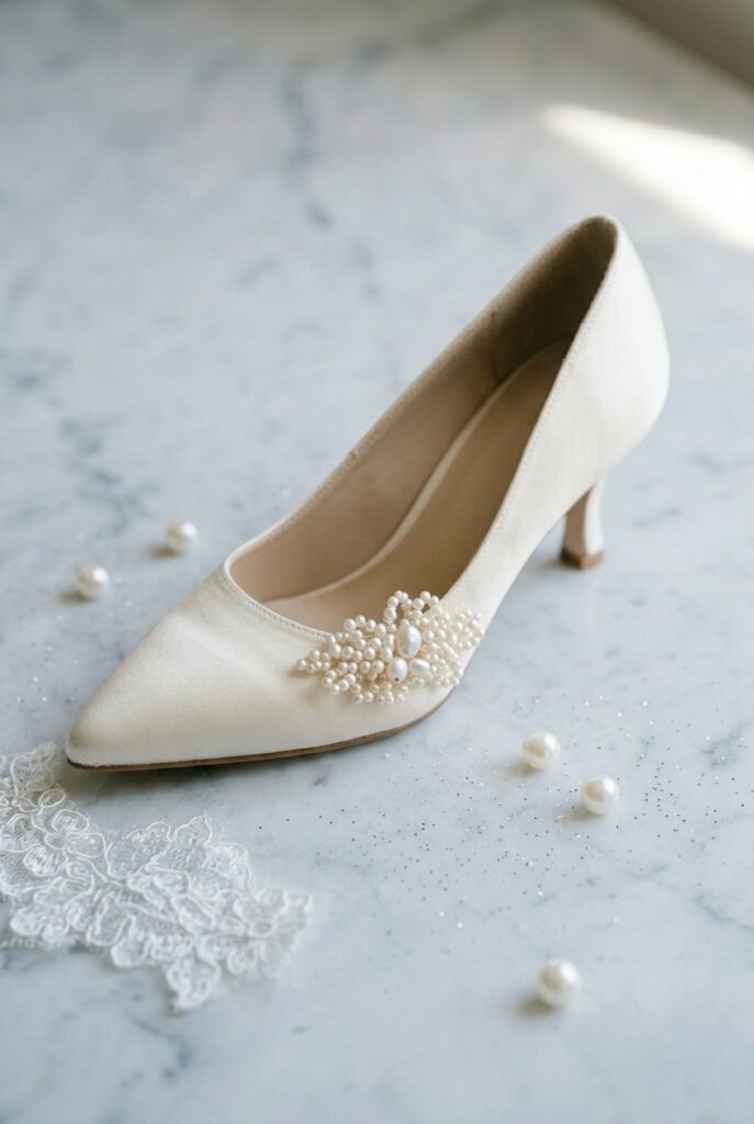 IMAGE 5 HERE Alt text: Ivory low bridal pump with delicate pearl cluster at toe vamp on a white linen tablecloth surface, warm soft candlelit indoor light Image prompt: Photorealistic close-up portrait of an ivory satin low bridal pump with a 2-inch slim heel and a small delicate cluster of seed pearls at the vamp toe band, placed on a white linen tablecloth surface. Warm soft candlelight from the upper right illuminates the pearls, each one showing its individual slight imperfection and sheen. The heel is slim and the silhouette is clean. Background is softly blurred white linen. No text overlays. Generate in vertical portrait orientation, 2:3 aspect ratio, optimized for mobile display.