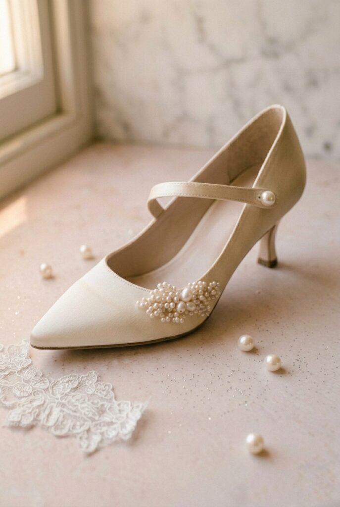 IMAGE 6 HERE Alt text: Ivory satin kitten heel Mary Jane bridal pump with single bar strap and pearl button closure on a pale blush stone surface, warm window light Image prompt: Photorealistic close-up portrait of an ivory satin kitten heel Mary Jane bridal pump with a single cross bar strap fastened with a small pearl button, and a rounded toe. Placed on a smooth pale blush-toned stone surface. Warm natural window light from the left creates a soft romantic atmosphere. The pearl button and satin bar strap are clearly visible in detail. Background is softly blurred pale stone. No text overlays. Generate in vertical portrait orientation, 2:3 aspect ratio, optimized for mobile display.