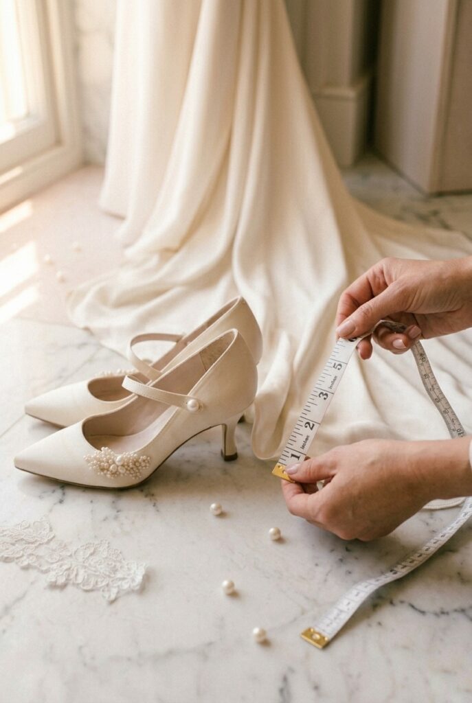 IMAGE 7 HERE Alt text: Close-up of bridal gown hem being measured against ivory low kitten heel shoe by a seamstress, warm indoor fitting room light Image prompt: Photorealistic close-up portrait of a seamstress's hands holding a white fabric measuring tape against the hem of an ivory bridal gown that pools slightly on the floor, beside a pair of ivory kitten heel bridal shoes placed heel-to-toe beside the hem. Warm incandescent fitting room light creates a soft golden glow. The hem, measuring tape, and shoe heel are all in sharp focus. Background is blurred pale fitting room floor and fabric. No text overlays. Generate in vertical portrait orientation, 2:3 aspect ratio, optimized for mobile display.